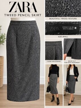 ZARA Black & White Tweed Herringbone Midi Pencil Skirt | Size S